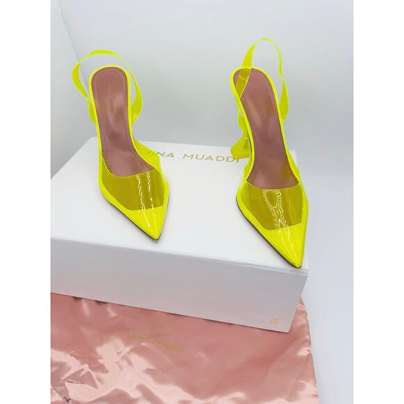 AMINA MUADDI NEON YELLOW PVC HOLLI SLING PARTY HEELS size 37 - Picture 5 of 12